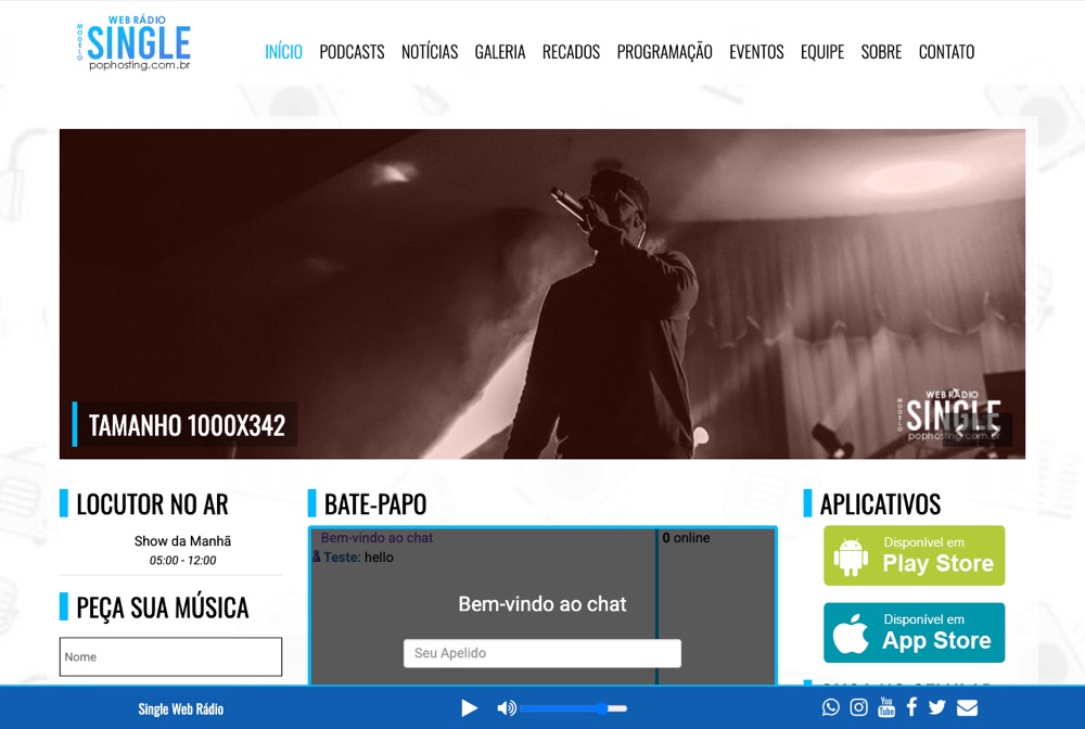 Página inicial do modelo de site SINGLE, com banner, locutor no ar, bate-papo, pedido de música e o player da rádio no rodapé