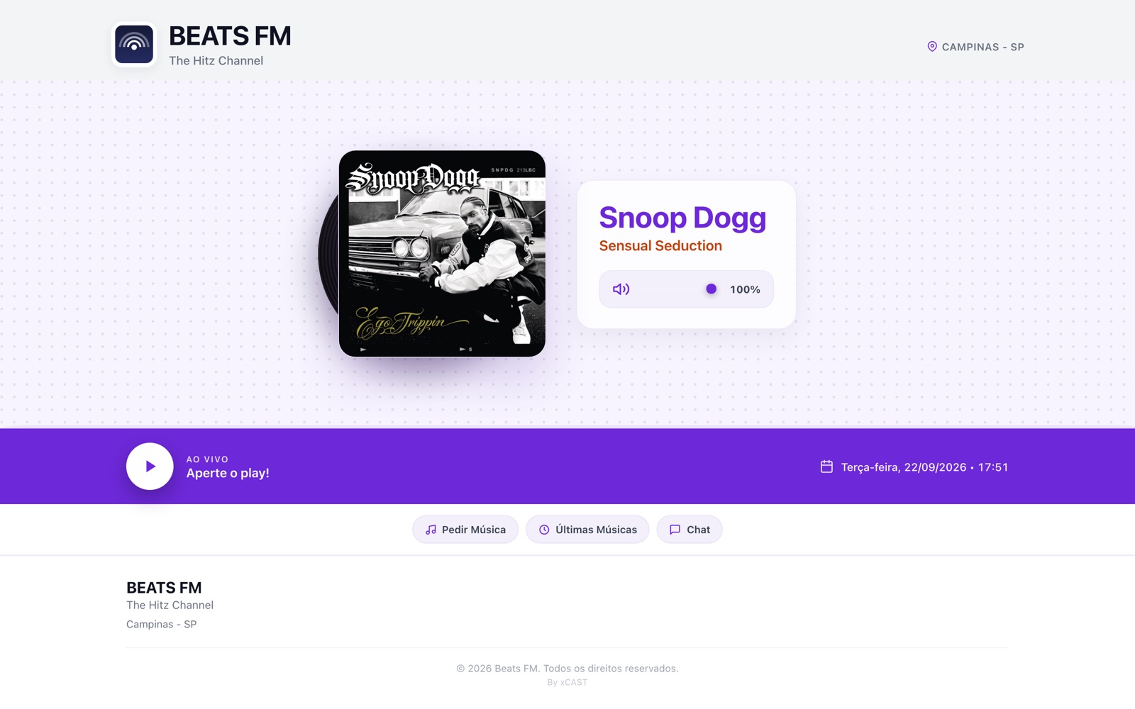 Página pronta da rádio Beats FM no modelo FM, com o nome, o slogan e a logo da rádio no topo e o player ao vivo