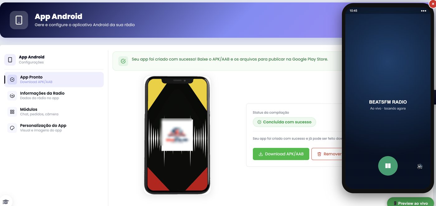 Tela de geração do aplicativo Android com o download do APK/AAB