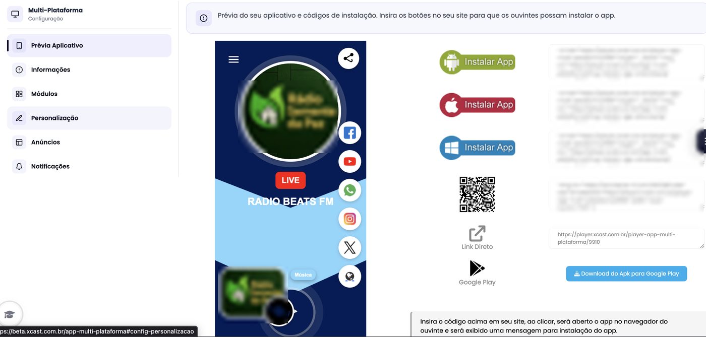 Tela Multi-Plataforma do painel xCAST: prévia do Web App e botões Instalar App para Android, iPhone e Windows, QR Code e link direto