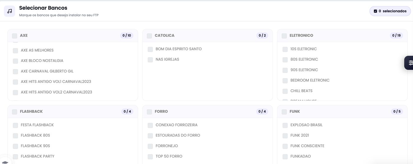 Bancos de músicas grátis no painel xCAST, separados por gênero