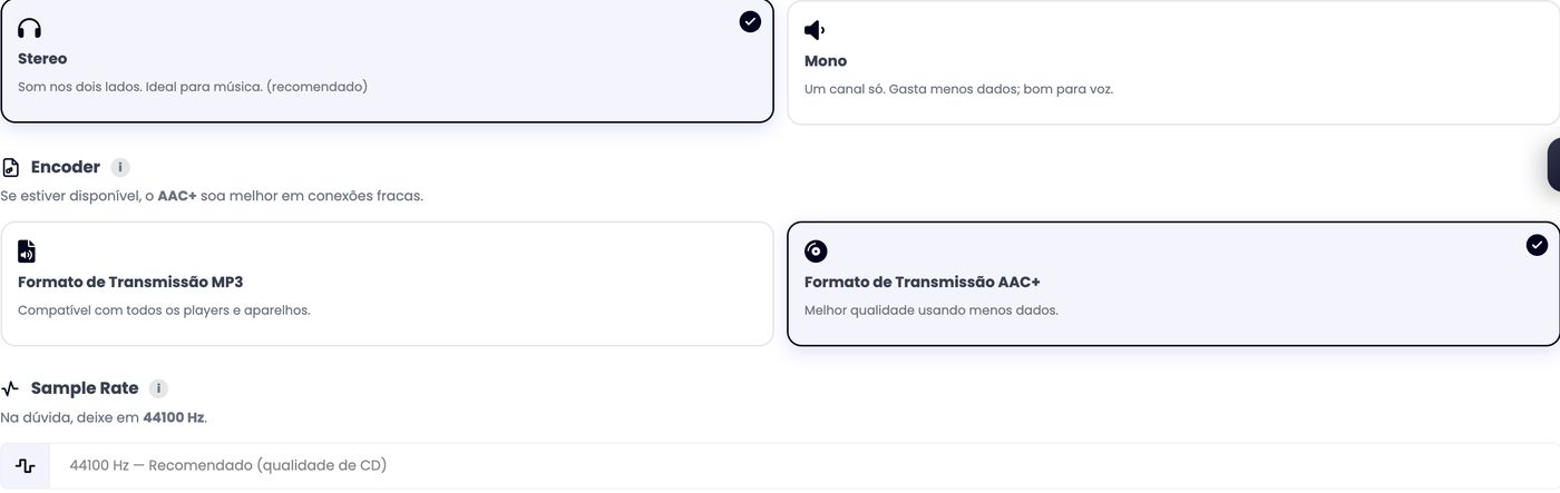 Configuração de áudio do painel xCAST: estéreo ou mono e formato de transmissão MP3 ou AAC+, cada opção explicada numa frase curta