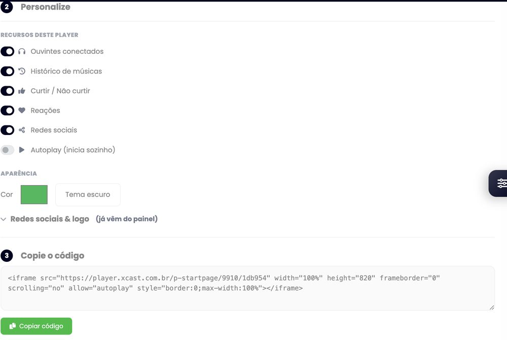 Opções do player no painel xCAST e o código de incorporação pronto para copiar