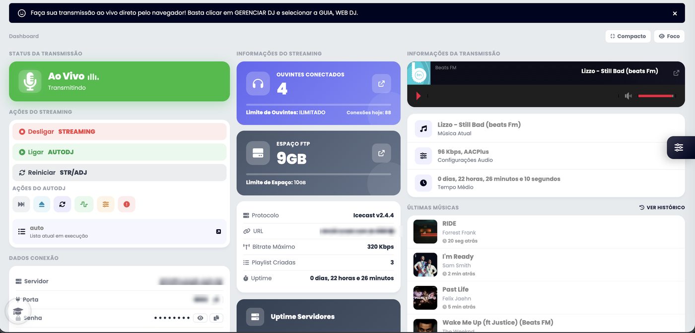 Dashboard do painel xCAST da rádio de demonstração Beats FM