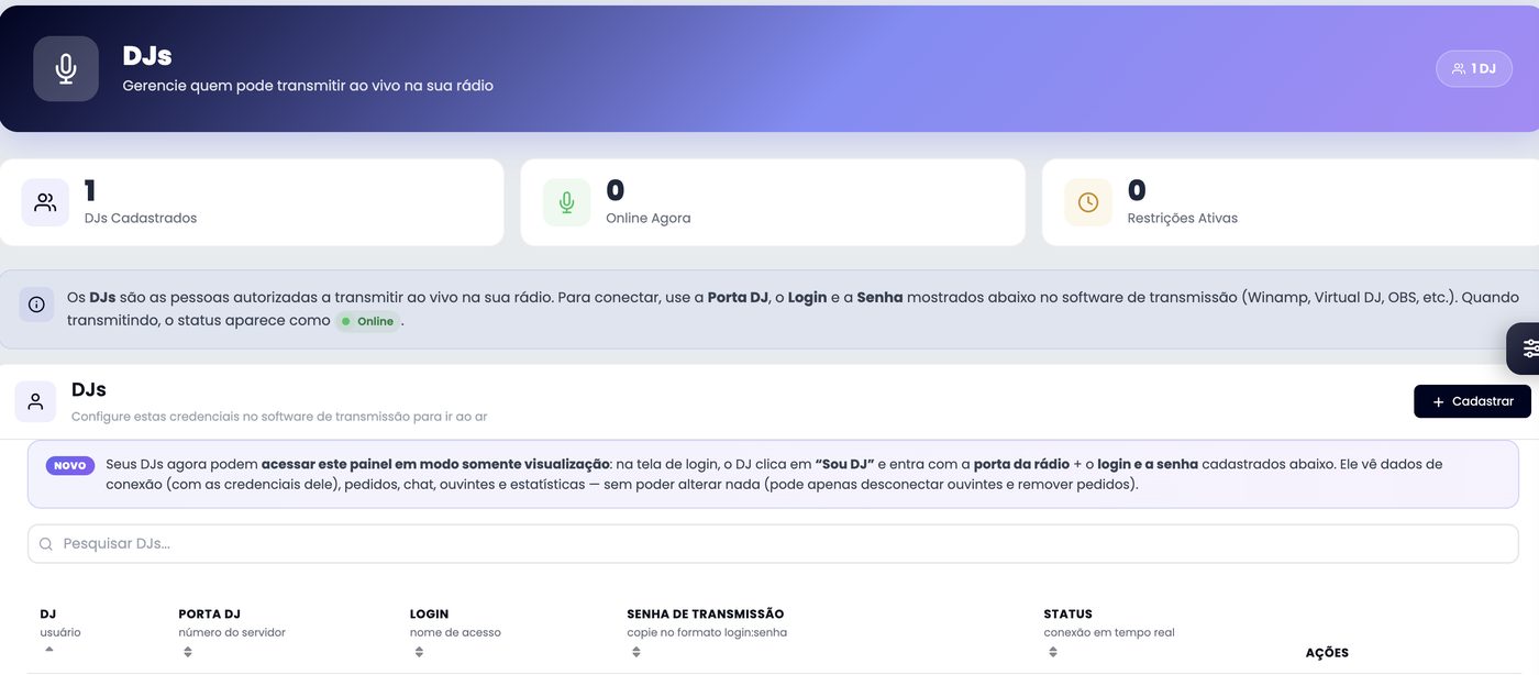 Tela de DJs do painel xCAST: cadastro de locutores com porta DJ, login e senha de transmissão