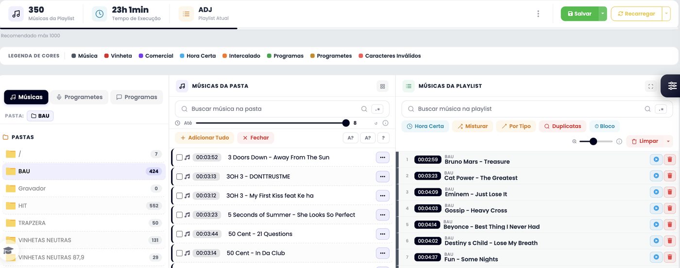 Gerenciador de playlists do painel xCAST com cores por tipo de áudio