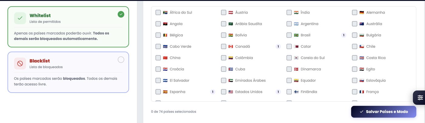 Geo-Blocking do painel xCAST com os modos whitelist e blacklist e a lista de países