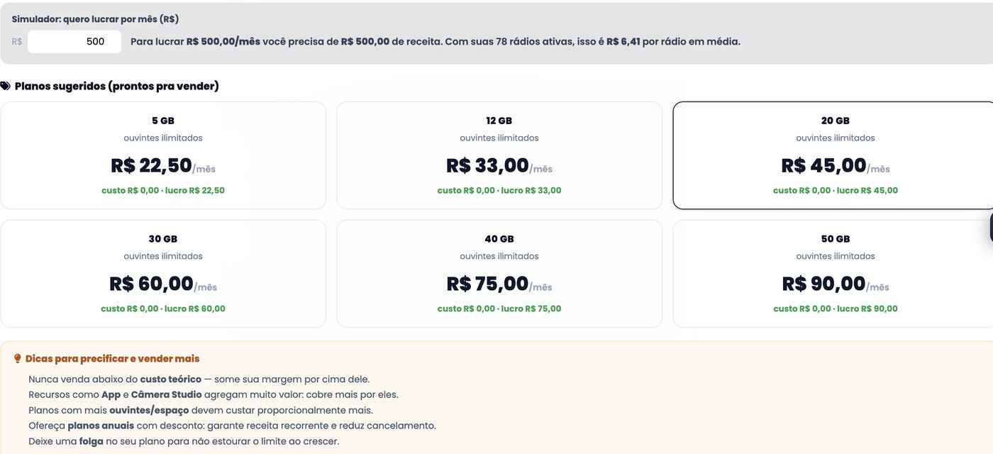 Planos sugeridos no painel de revenda xCAST, com preço e lucro de cada um e o simulador de lucro mensal