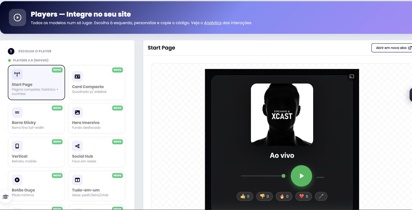 Galeria de players do painel xCAST com a prévia do modelo Start Page