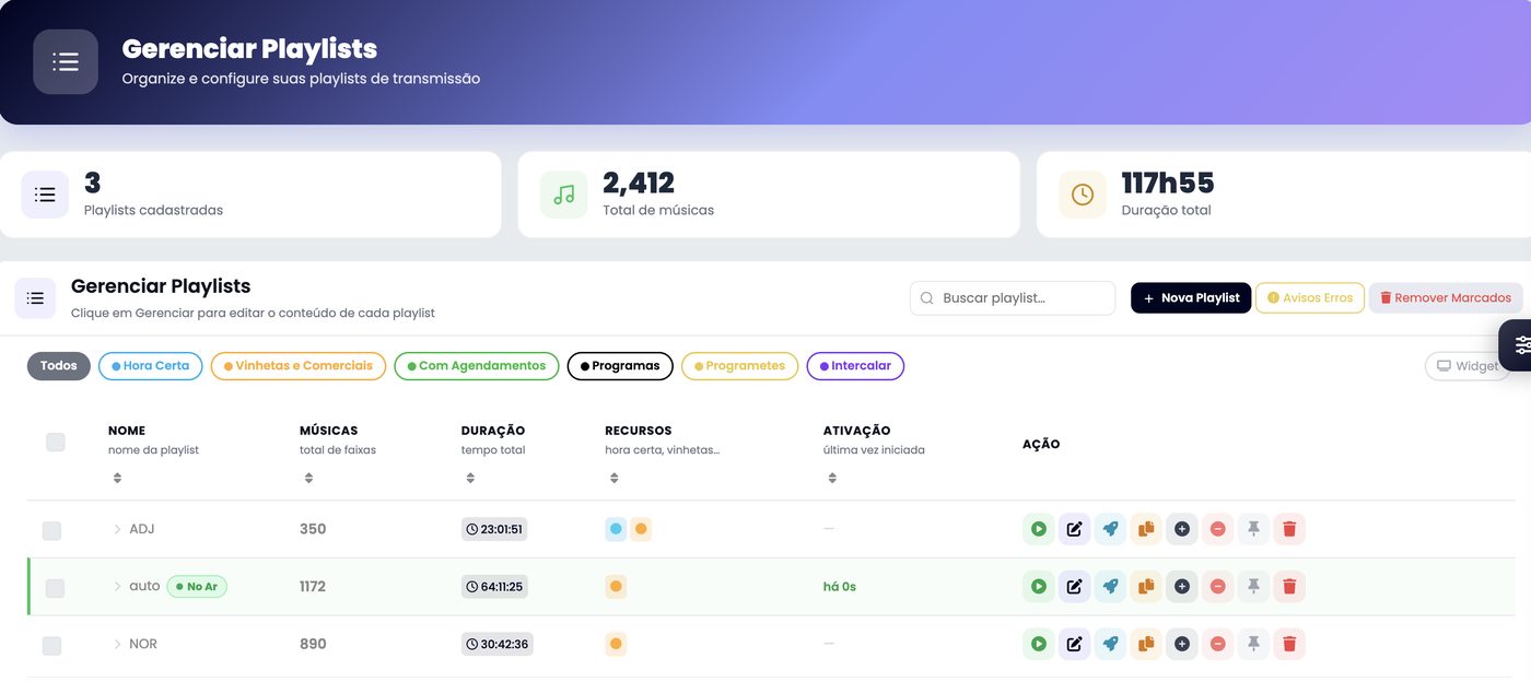 Tela Gerenciar Playlists do painel xCAST, com filtros de hora certa, vinhetas, agendamentos e programas