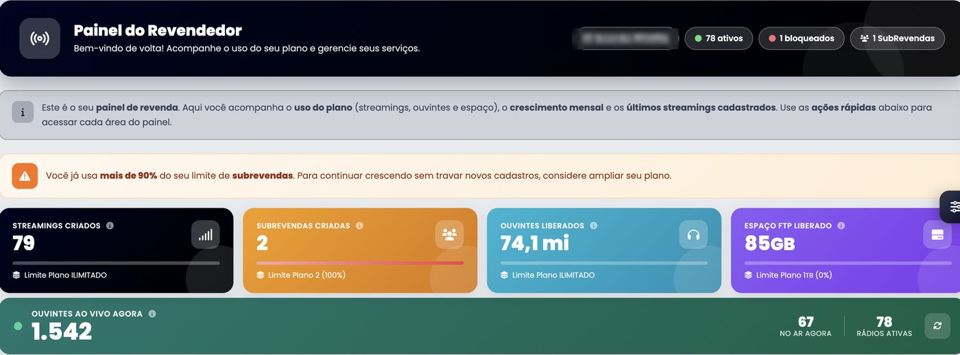 Painel do revendedor xCAST com streamings criados, sub-revendas, ouvintes ao vivo e rádios ativas