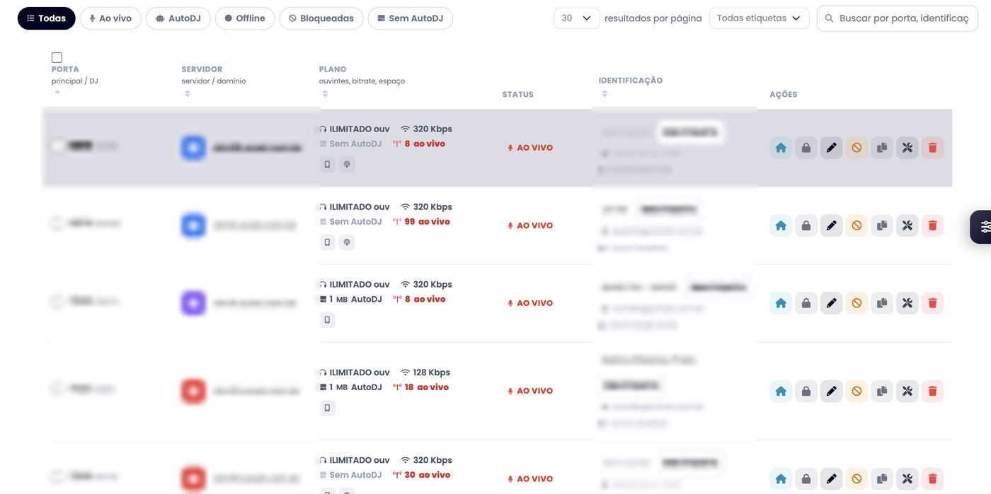 Lista das rádios da revenda com status ao vivo, plano, bitrate e ações de cada conta