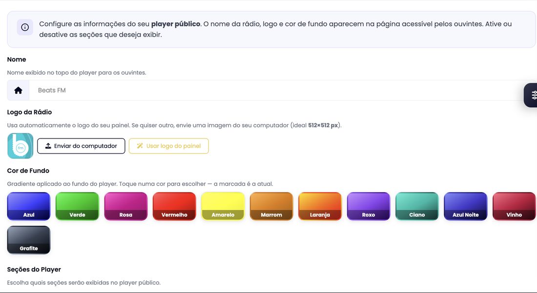 Tela do painel xCAST para configurar o nome, a logo, a cor de fundo e as seções da página da rádio