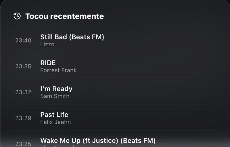 Lista Tocou recentemente com as últimas músicas e o horário de cada uma