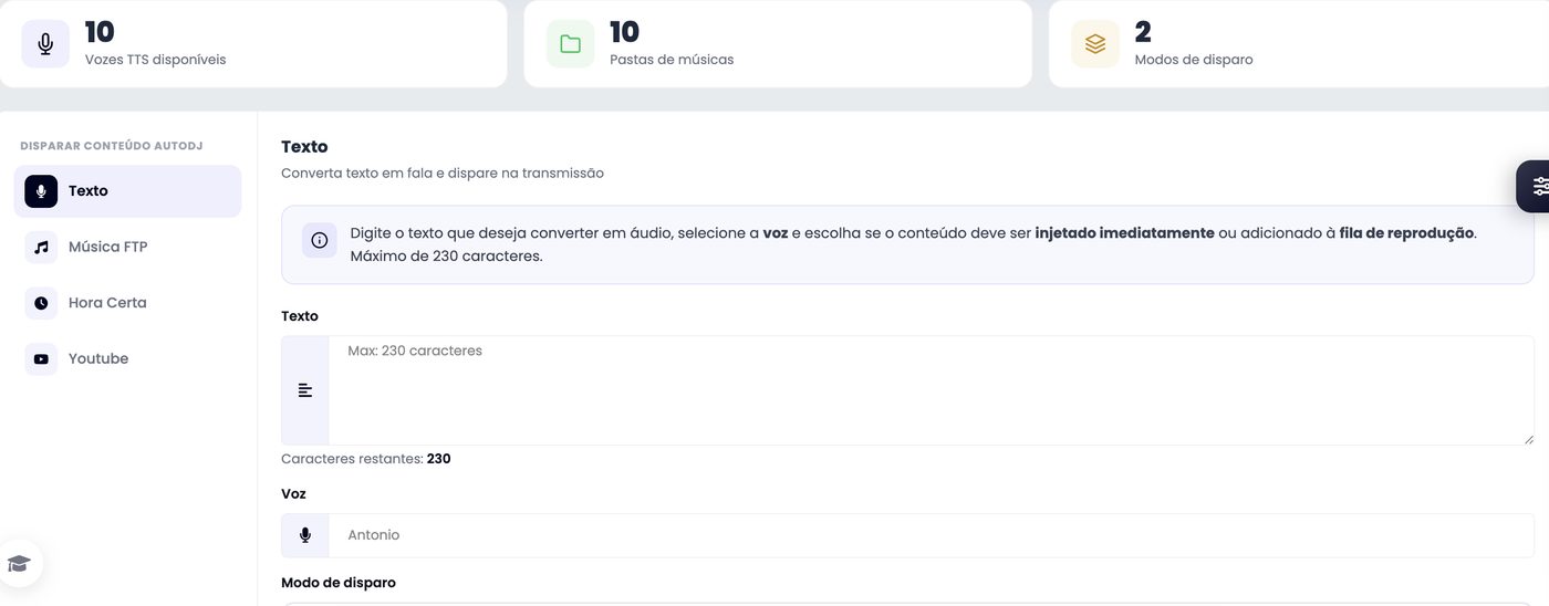 Tela de disparo de texto-para-voz do painel xCAST