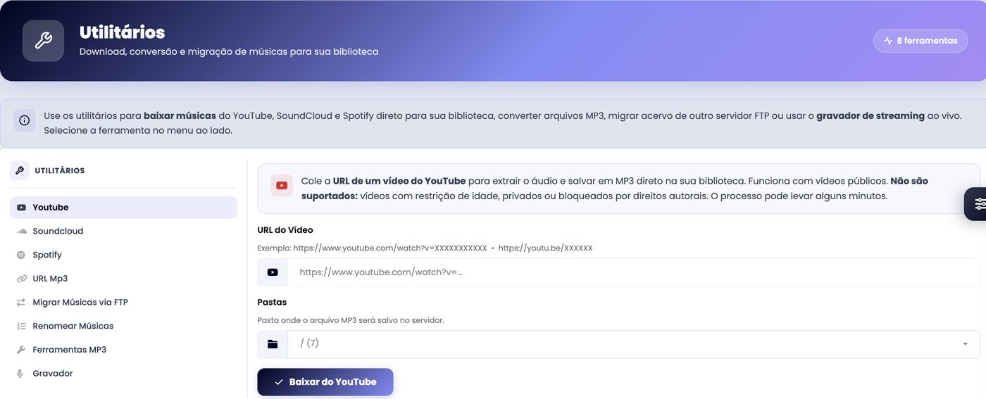 Tela Utilitários do painel xCAST: menu com YouTube, SoundCloud, Spotify, URL MP3, migração por FTP, ferramentas de MP3 e gravador, e o campo para colar o link de um vídeo
