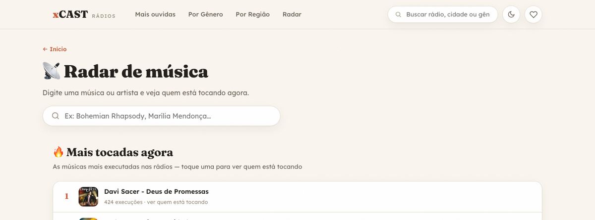 Radar de música do portal XCAST Rádios: busca por música ou artista e as mais tocadas agora