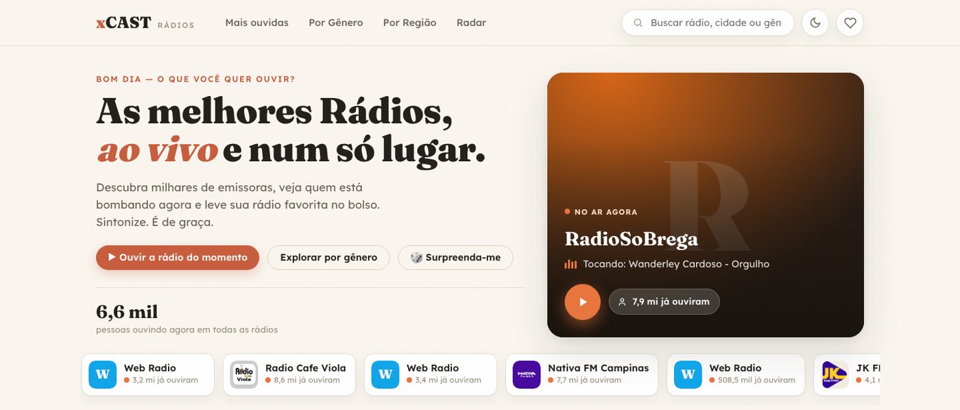 Página inicial do portal XCAST Rádios com as rádios no ar