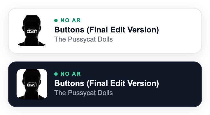 Widget tocando agora do xCAST nos temas claro e escuro, com capa, música e artista da rádio de demonstração Beats FM