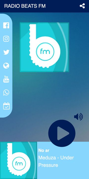 Modelo Social do app para rádio do xCAST, tela real da rádio de demonstração Beats FM