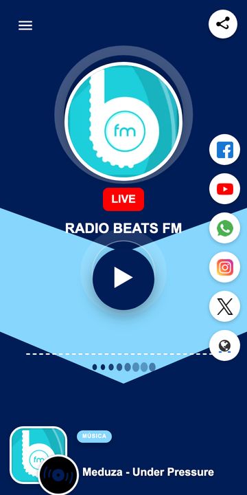 Modelo Ao Vivo do app para rádio do xCAST, tela real da rádio de demonstração Beats FM