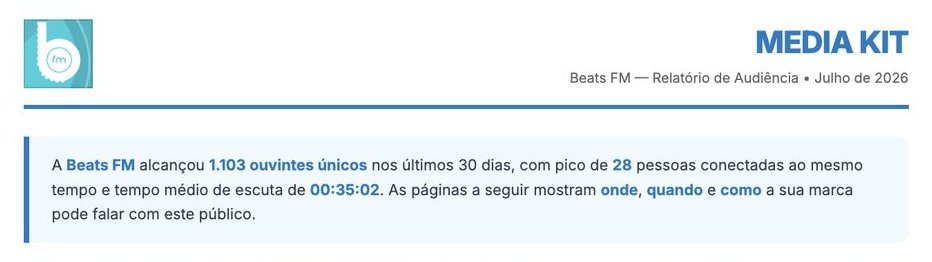 Media Kit em PDF da rádio de demonstração Beats FM, gerado pelo painel xCAST: logo da rádio e resumo com ouvintes únicos em 30 dias, pico de ouvintes ao mesmo tempo e tempo médio de escuta