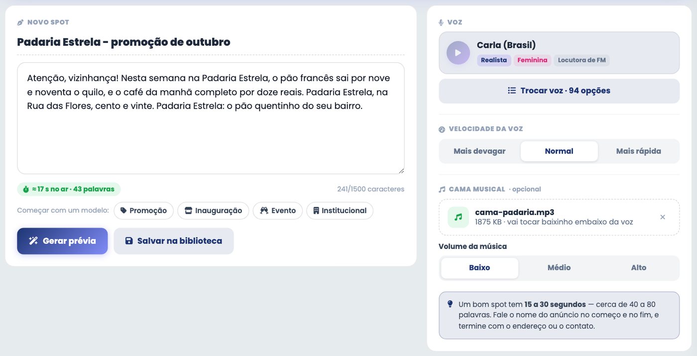 Tela Novo spot da Fábrica de Spots com o roteiro, a voz escolhida e a música de fundo