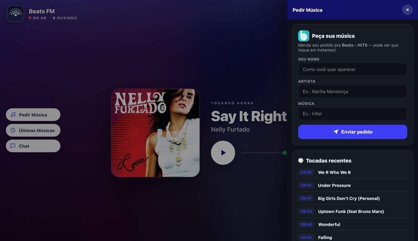 Página da Beats FM no modelo Moderno com o painel Pedir Música aberto: formulário do pedido, música tocando agora, ouvintes online e últimas tocadas