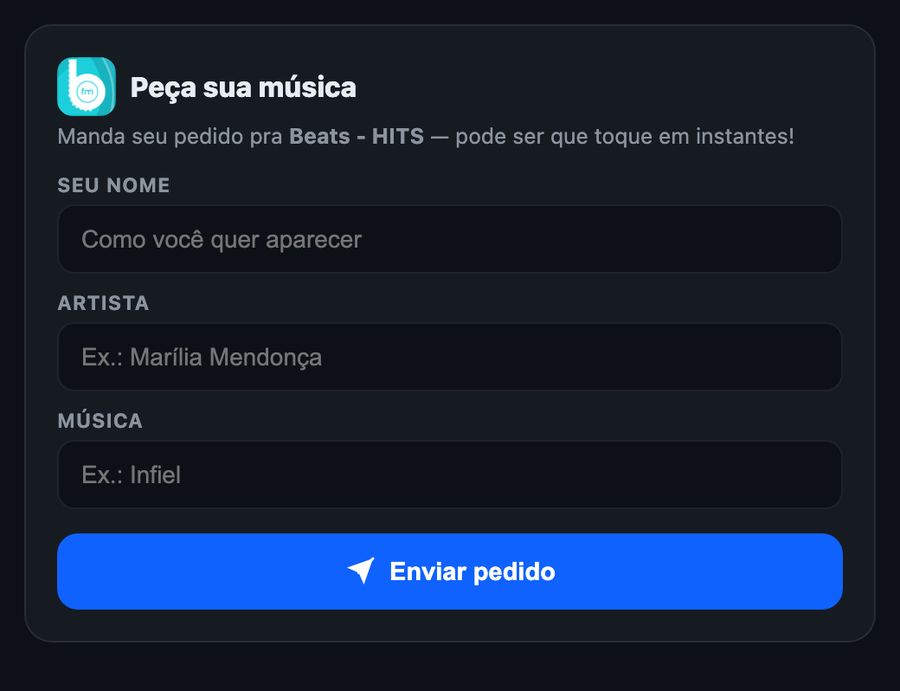 Widget Peça sua música da rádio de demonstração Beats FM, com os campos nome, artista e música