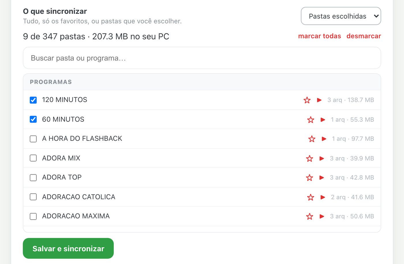 Tela do xCAST Sync com a lista de pastas de programas e programetes para escolher o que baixar