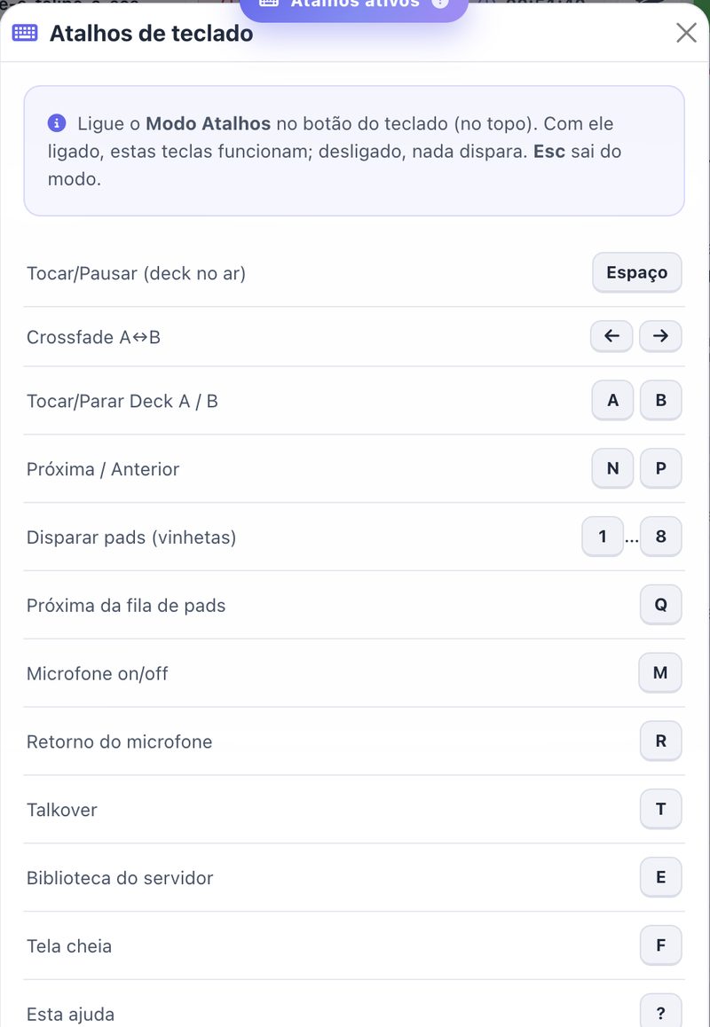 Lista de atalhos de teclado do WebDJ: espaço, setas, A e B, pads de 1 a 8, M, R, T e E
