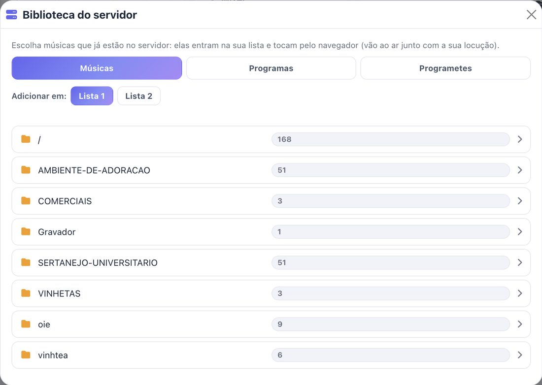 Biblioteca do servidor no WebDJ: abas Músicas, Programas e Programetes e as pastas do AutoDJ com a quantidade de arquivos