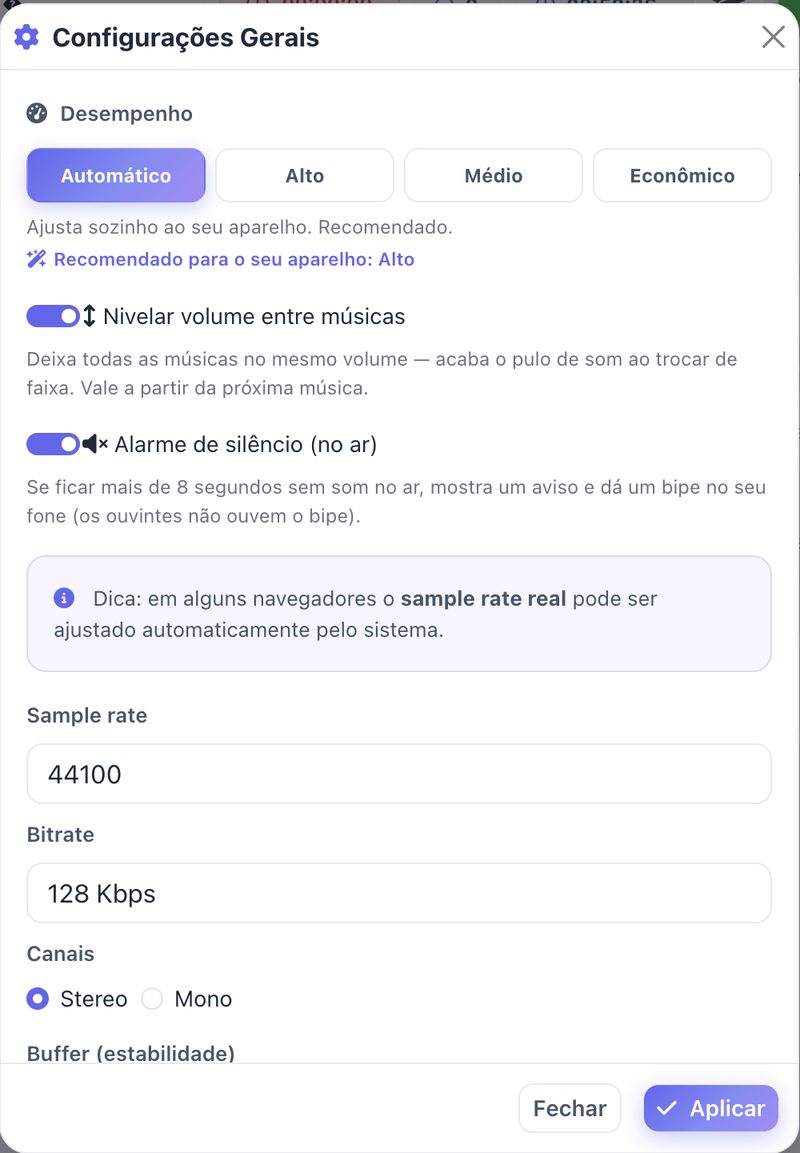 Configurações do WebDJ: modo de desempenho, nivelar volume entre músicas e alarme de silêncio no ar