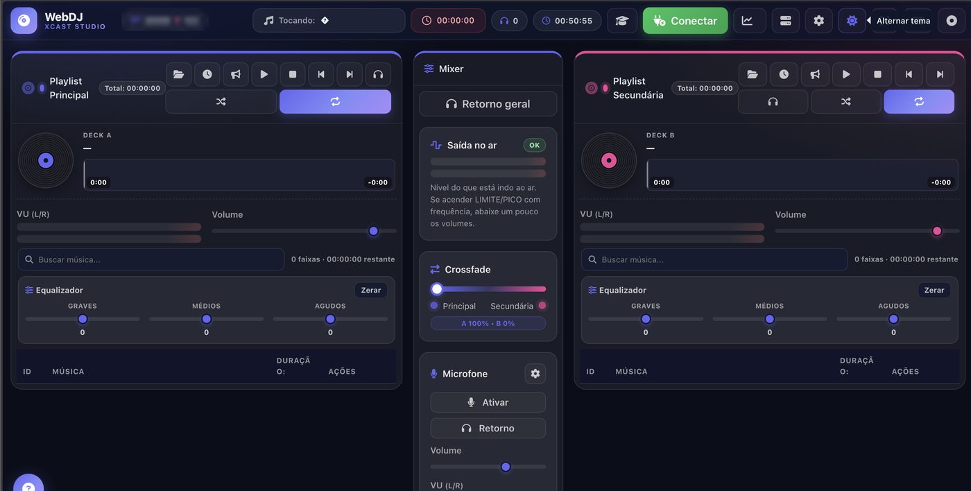 WebDJ no tema escuro, com os dois decks, o equalizador e o mixer