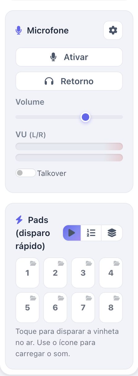 Microfone do WebDJ: botões Ativar e Retorno, volume, medidor VU e a chave de talkover